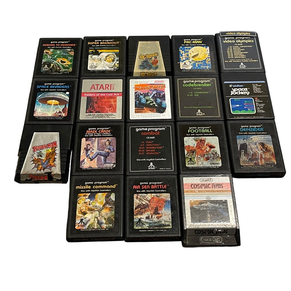 Atari 2600 Vintage Game Lot 18 Cartridges PacMan Space Invaders Spider-Man Qbert